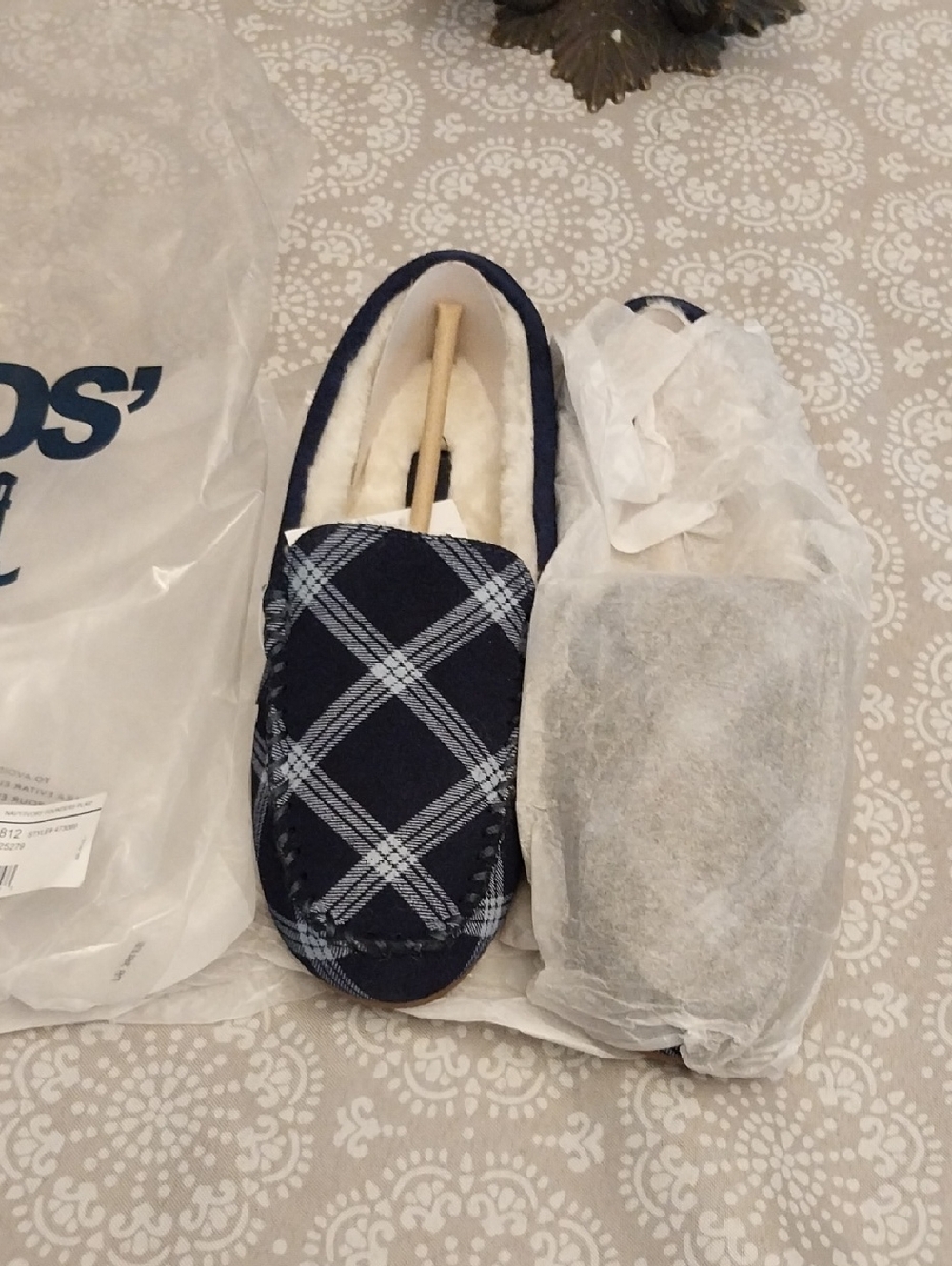 Lands' End Women's Navy Plaid Moccasin Slippers